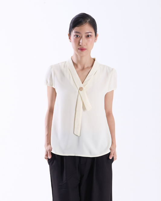 COLEGACY Women Elegant V-Neck Tie Detail Blouse