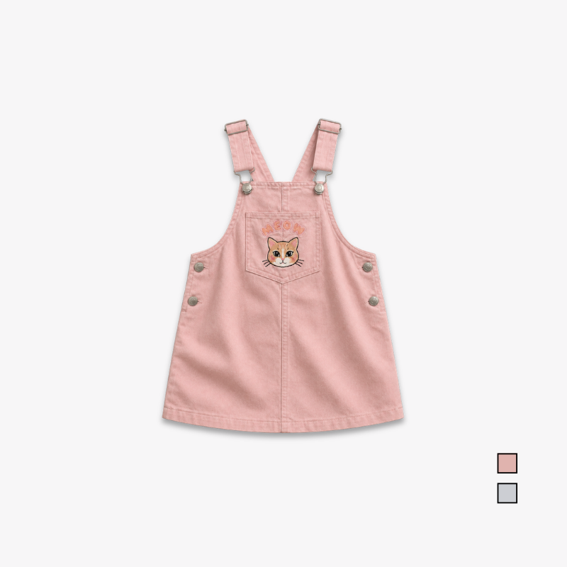 AD Kids Girls Meow Embroidery Pinafore Dress | Cute Korean Style Cotton Toddler Jumpsuits