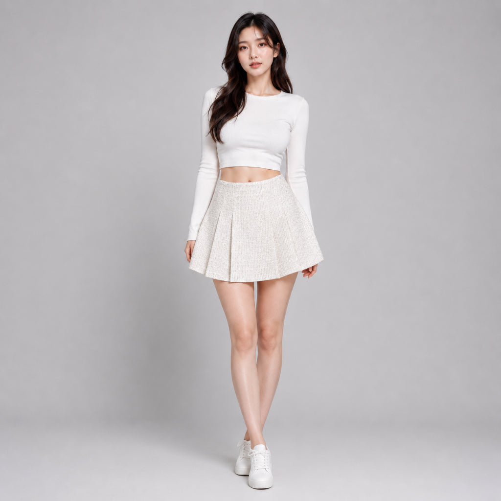 COLEGACY Women Pleated Tweed Mini Skirt