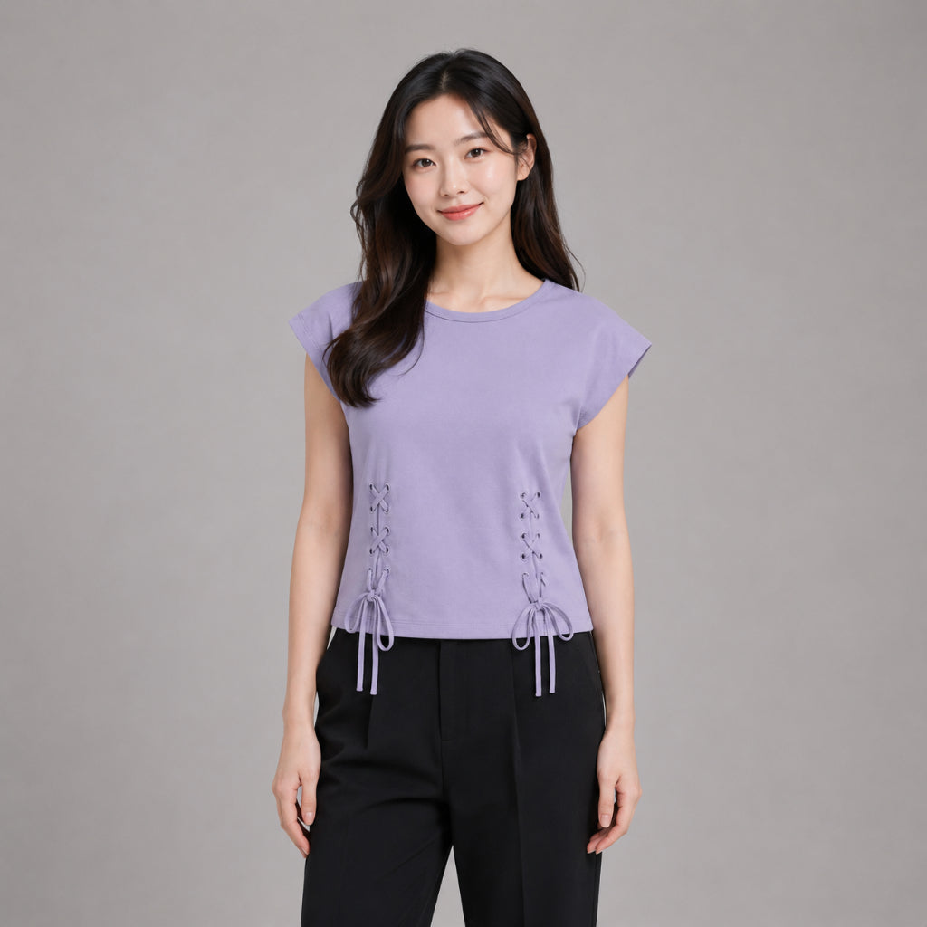COLEGACY Women Lace-Up Short Sleeve Top