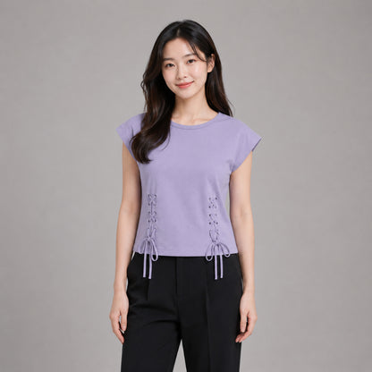 COLEGACY Women Lace-Up Short Sleeve Top