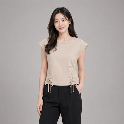 COLEGACY Women Lace-Up Short Sleeve Top