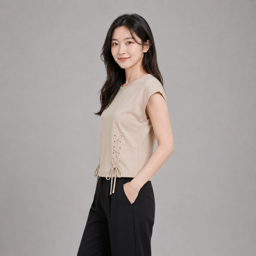 COLEGACY Women Lace-Up Short Sleeve Top