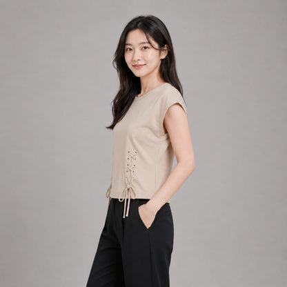 COLEGACY Women Lace-Up Short Sleeve Top