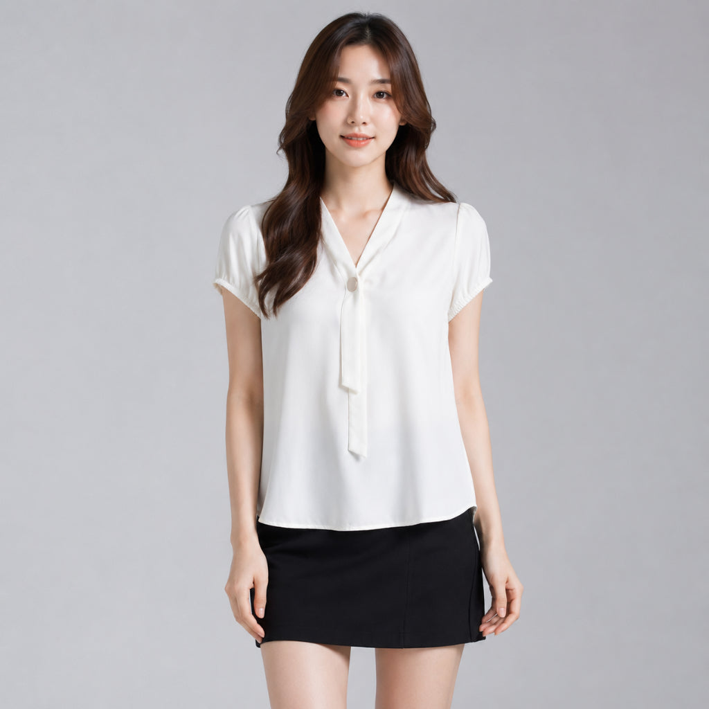 COLEGACY Women Elegant V-Neck Tie Detail Blouse