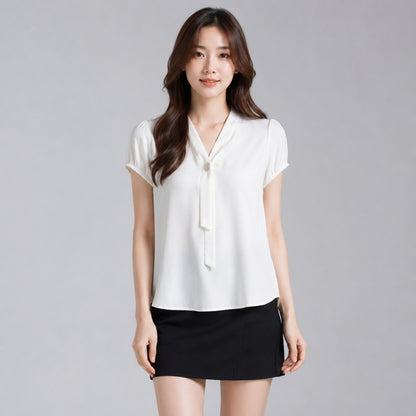 COLEGACY Women Elegant V-Neck Tie Detail Blouse