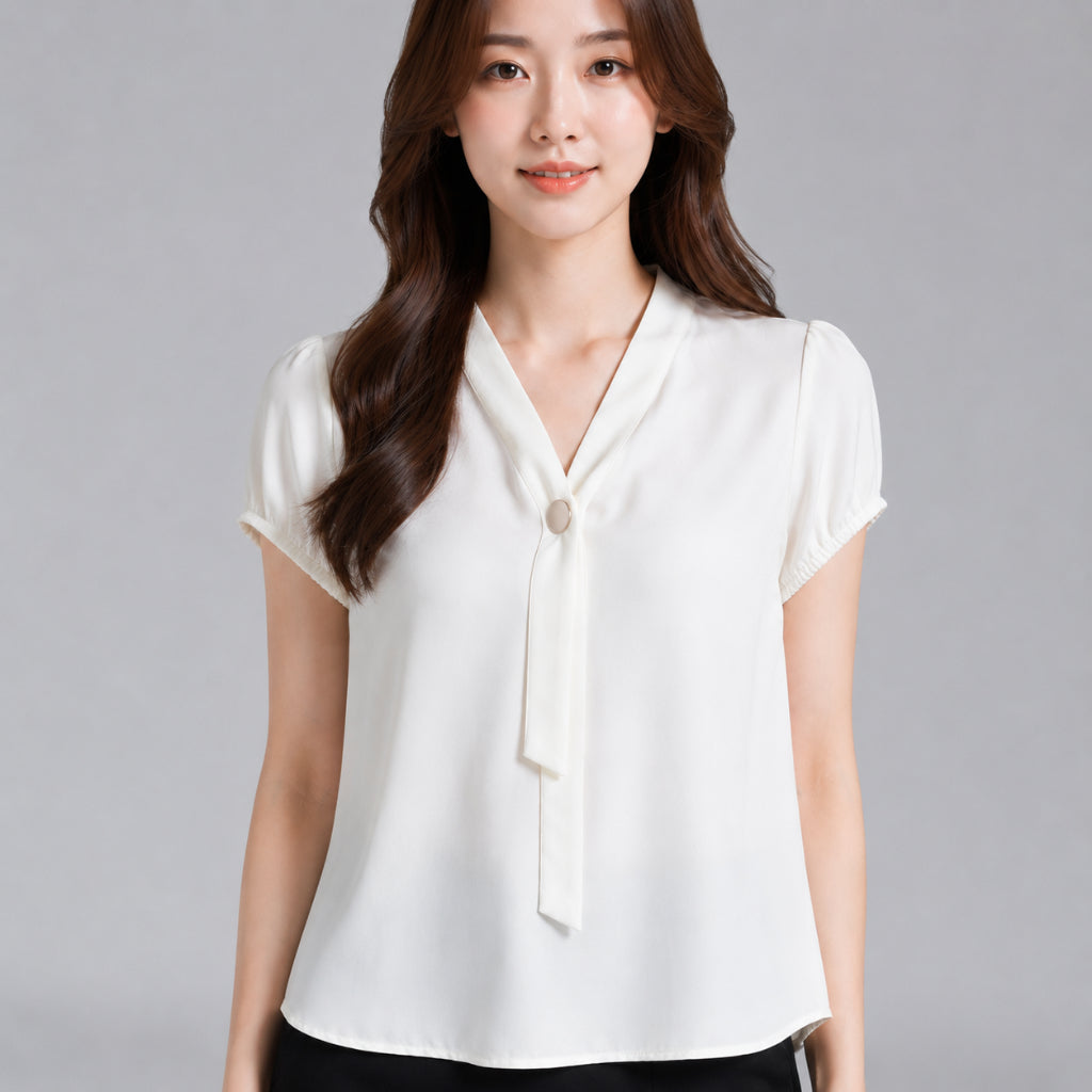 COLEGACY Women Elegant V-Neck Tie Detail Blouse