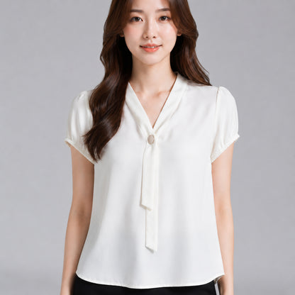 COLEGACY Women Elegant V-Neck Tie Detail Blouse
