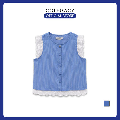 COLEGACY Women Lace Trim Striped Sleeveless Top