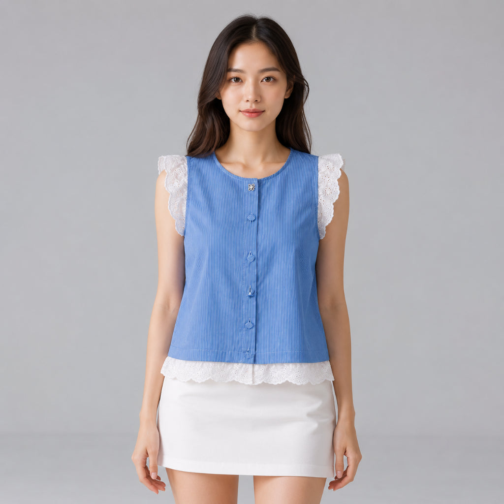 COLEGACY Women Lace Trim Striped Sleeveless Top