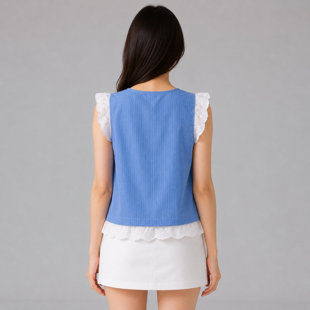 COLEGACY Women Lace Trim Striped Sleeveless Top