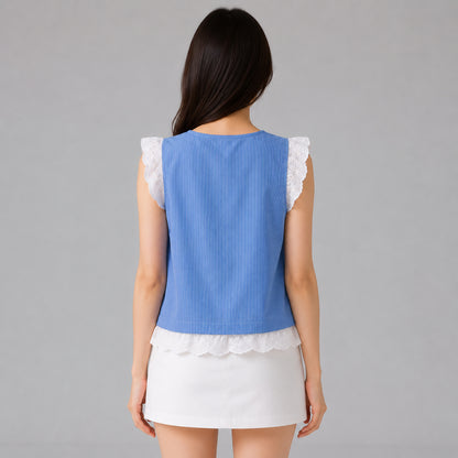 COLEGACY Women Lace Trim Striped Sleeveless Top
