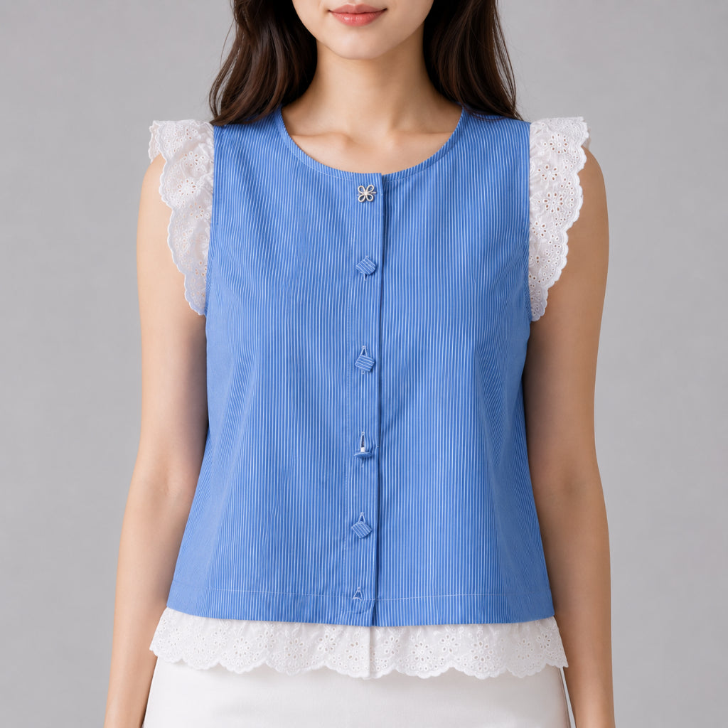 COLEGACY Women Lace Trim Striped Sleeveless Top