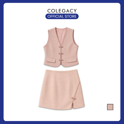 COLEGACY Women Textured Chinese Knot Vest & Skirt Set