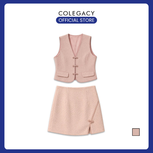 COLEGACY Women Textured Chinese Knot Vest & Skirt Set