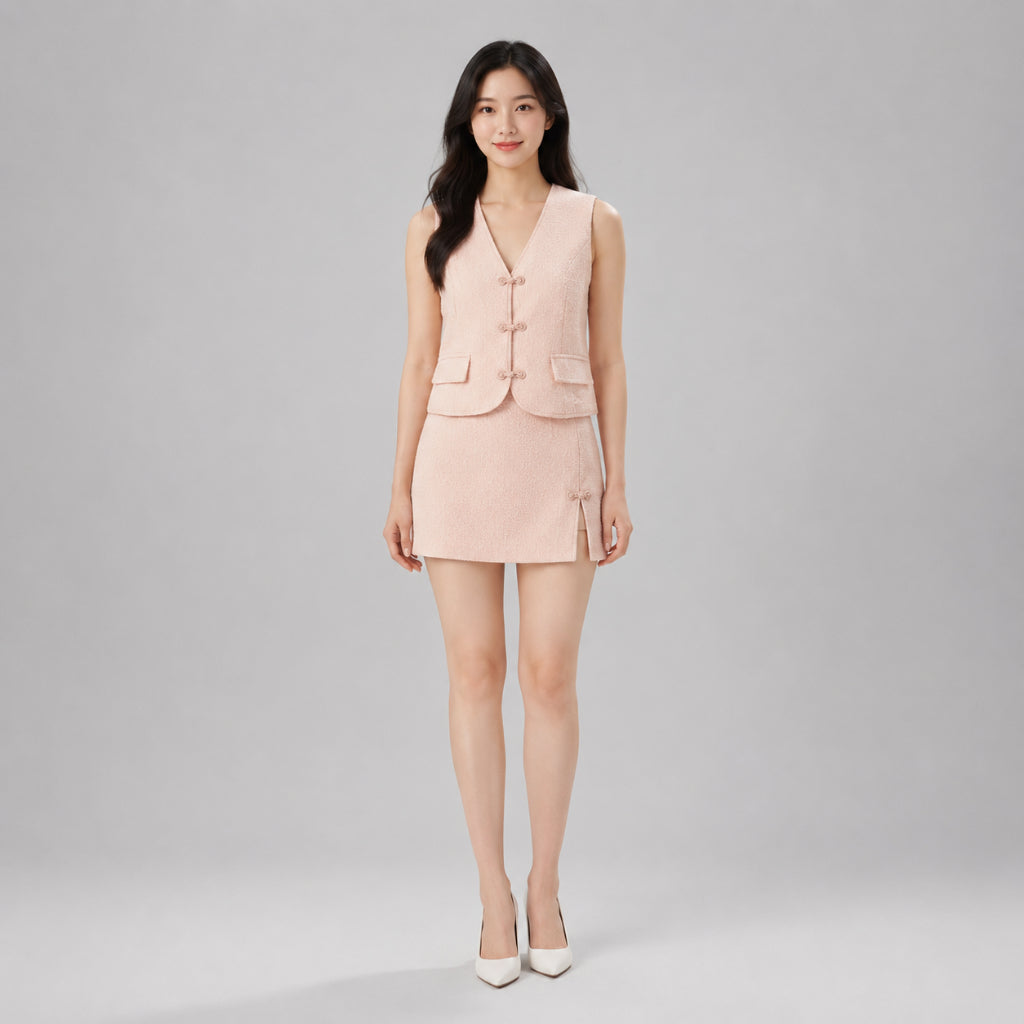 COLEGACY Women Textured Chinese Knot Vest & Skirt Set