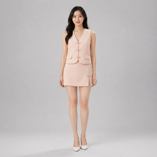 COLEGACY Women Textured Chinese Knot Vest & Skirt Set