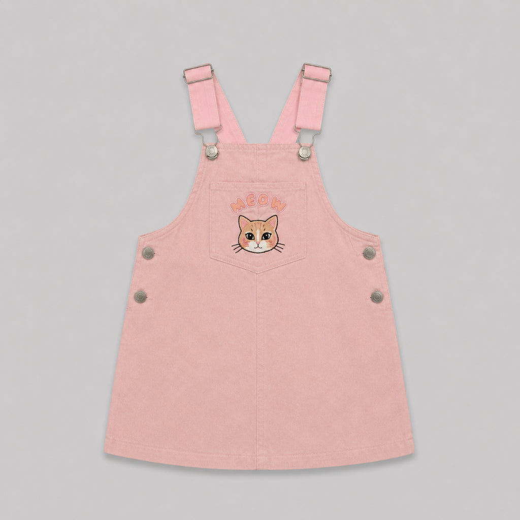 AD Kids Girls Meow Embroidery Pinafore Dress | Cute Korean Style Cotton Toddler Jumpsuits