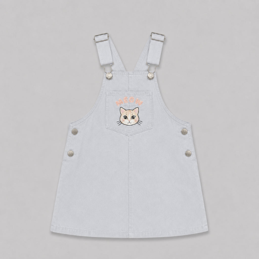 AD Kids Girls Meow Embroidery Pinafore Dress | Cute Korean Style Cotton Toddler Jumpsuits