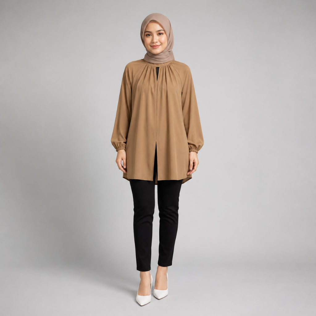 PISCO Women Modest Gathered Neck Tunic Blouse