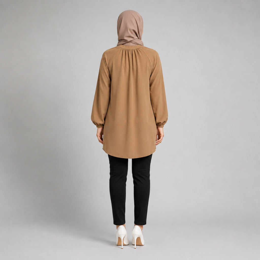 PISCO Women Modest Gathered Neck Tunic Blouse