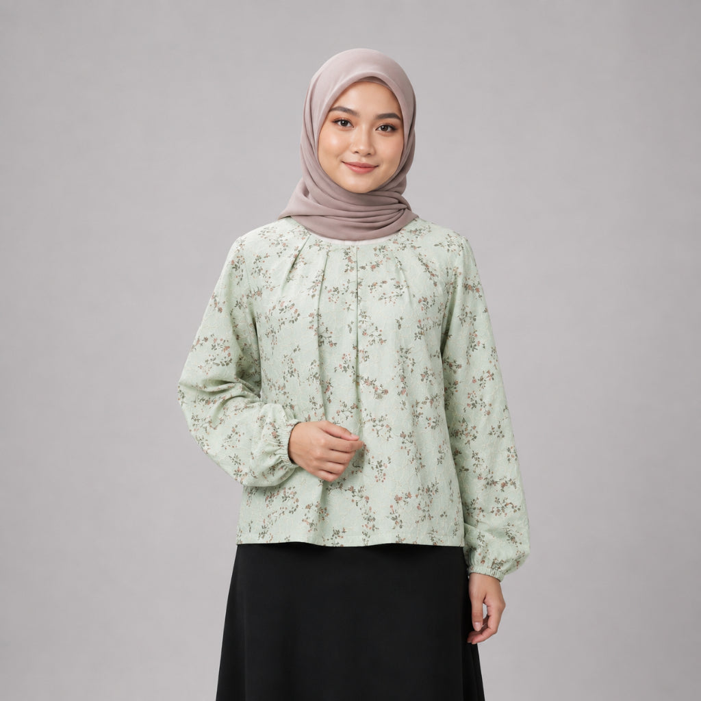 PISCO Women Green Floral Jacquard Puff Sleeve Blouse