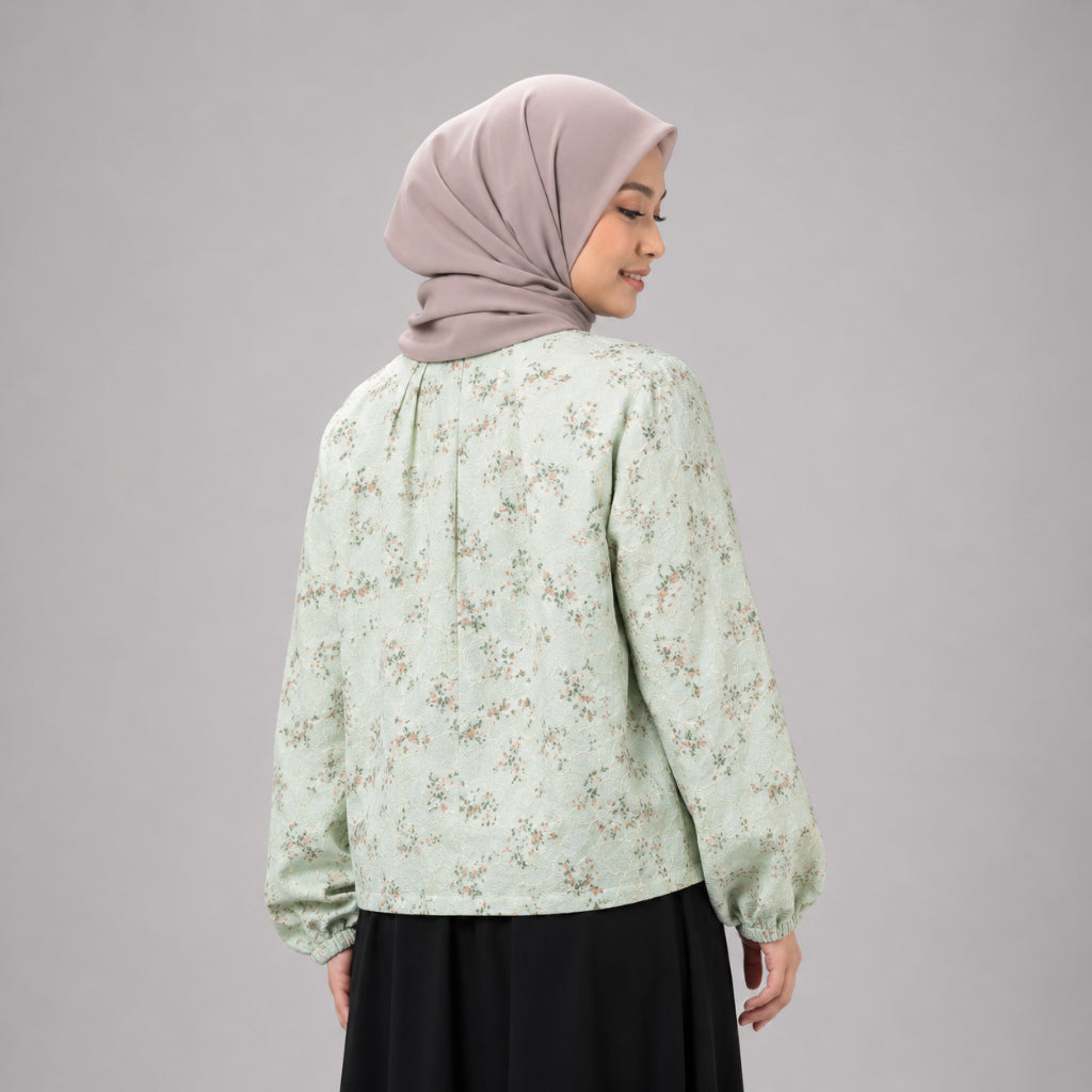 PISCO Women Green Floral Jacquard Puff Sleeve Blouse