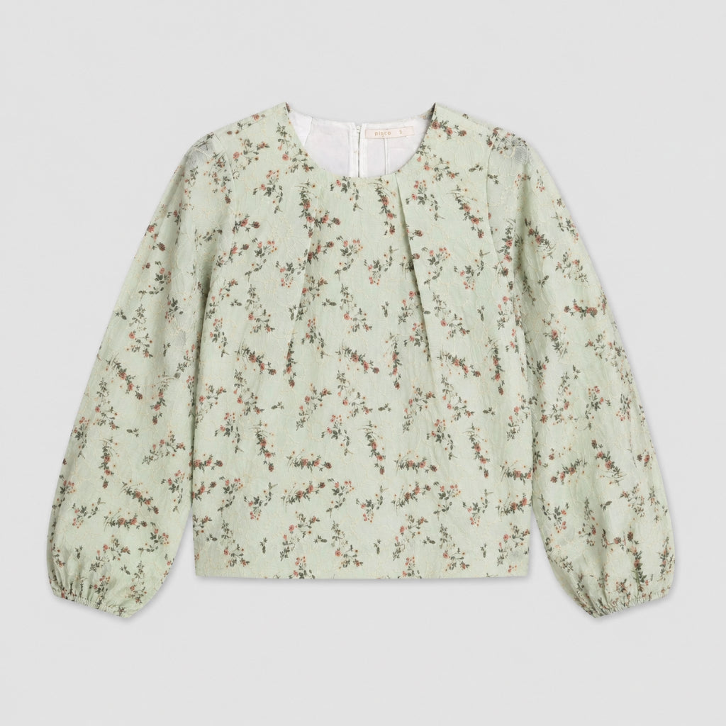 PISCO Women Green Floral Jacquard Puff Sleeve Blouse