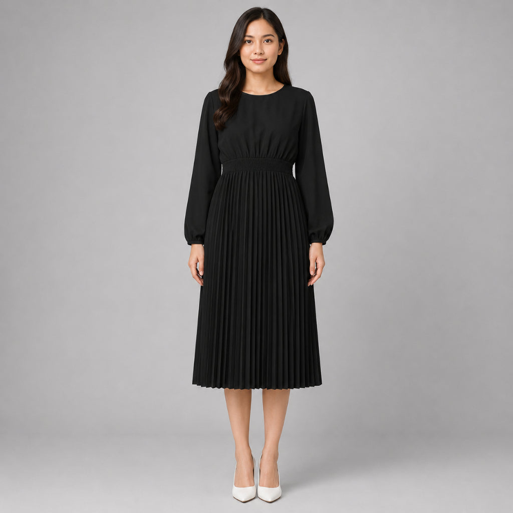 PISCO Women Smocked Waist Pleated Midi Dress