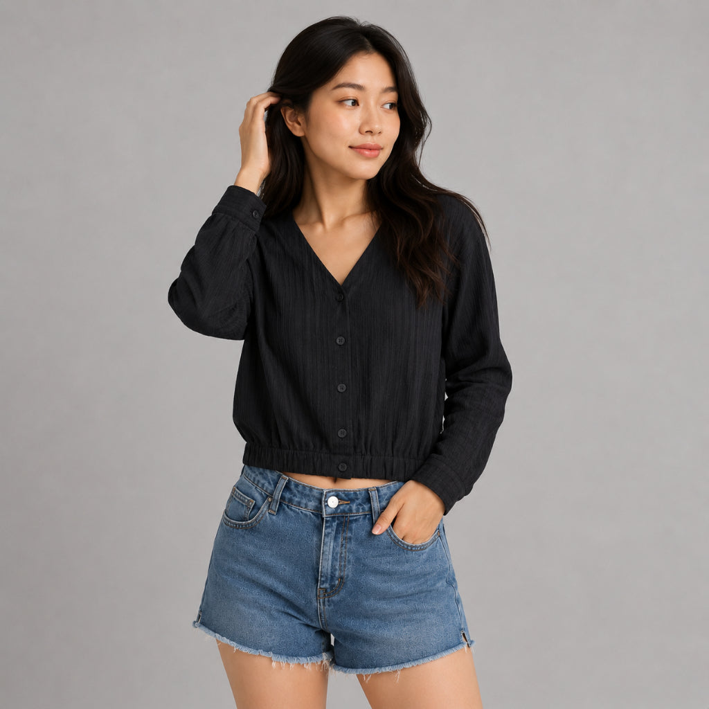 YFS Women Textured V-Neck Crop Blouse