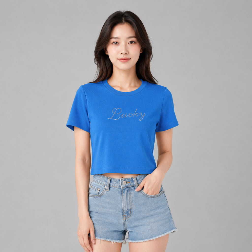 YFS Women Lucky Rhinestone Crop T-Shirt