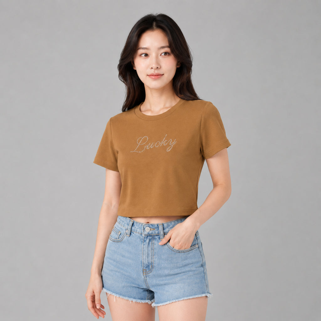 YFS Women Lucky Rhinestone Crop T-Shirt