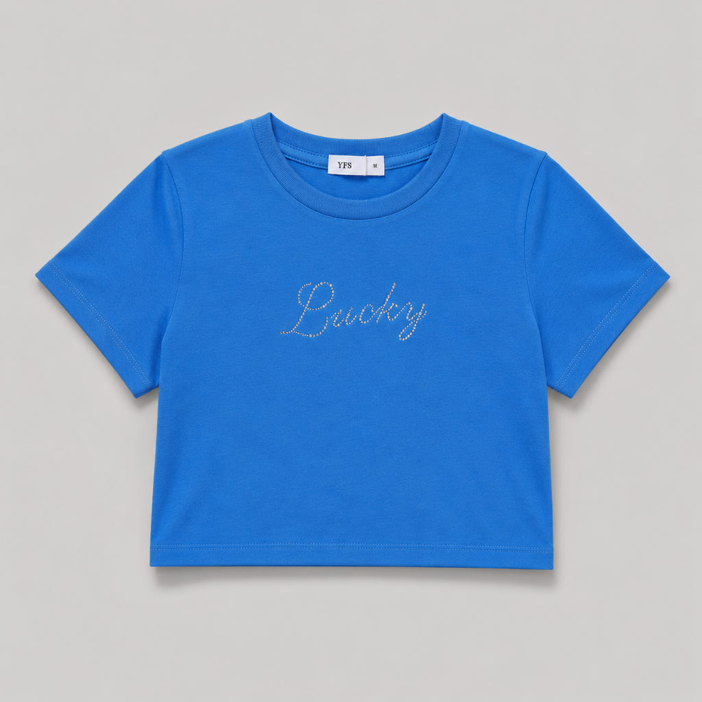 YFS Women Lucky Rhinestone Crop T-Shirt