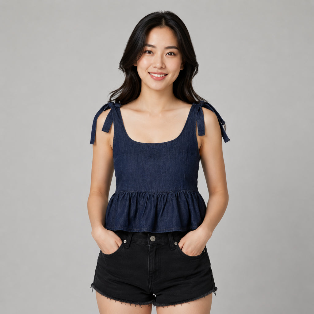 YFS Women Denim Ribbon Strap Sleeveless Top