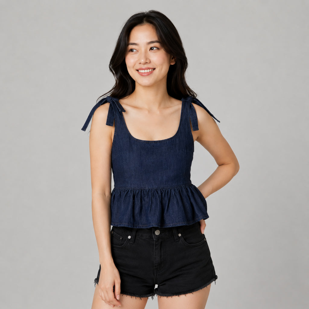 YFS Women Denim Ribbon Strap Sleeveless Top