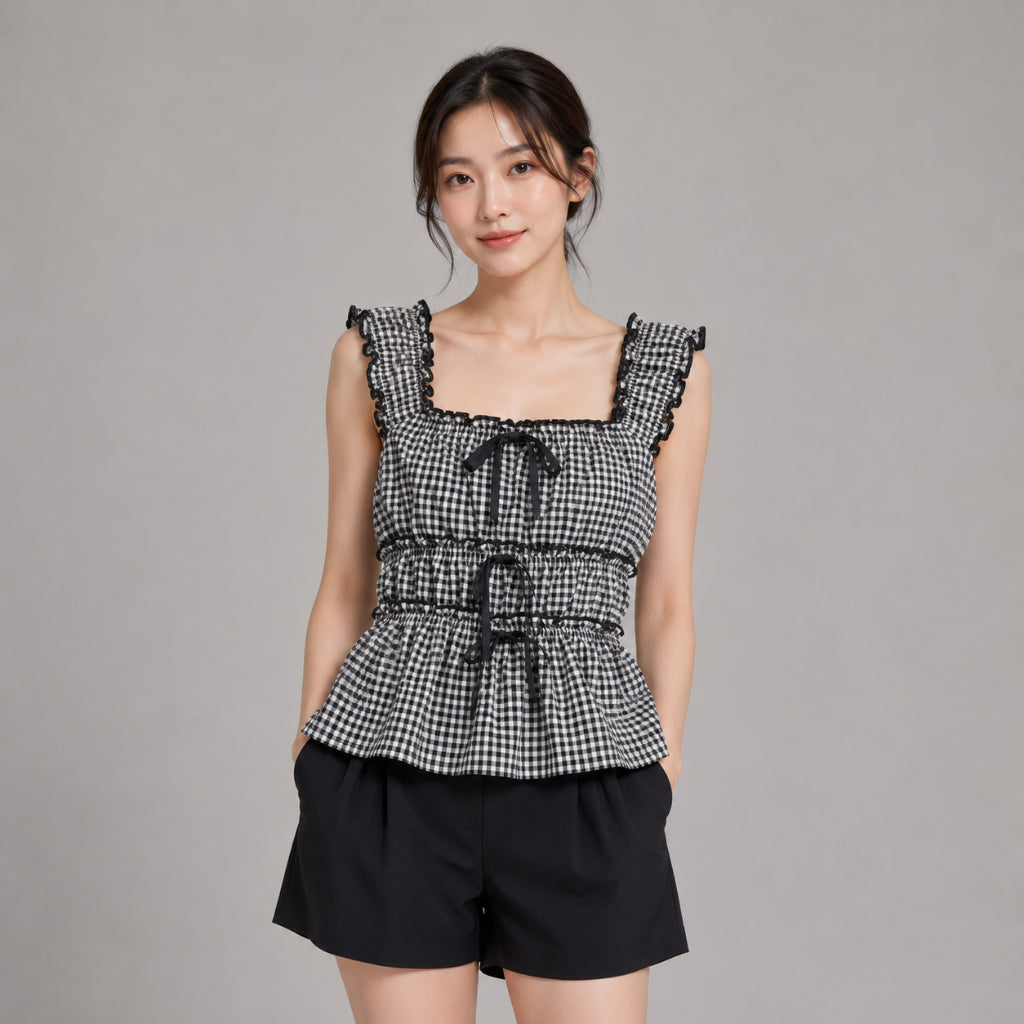 YFS Women Gingham Ruffle Sleeveless Top