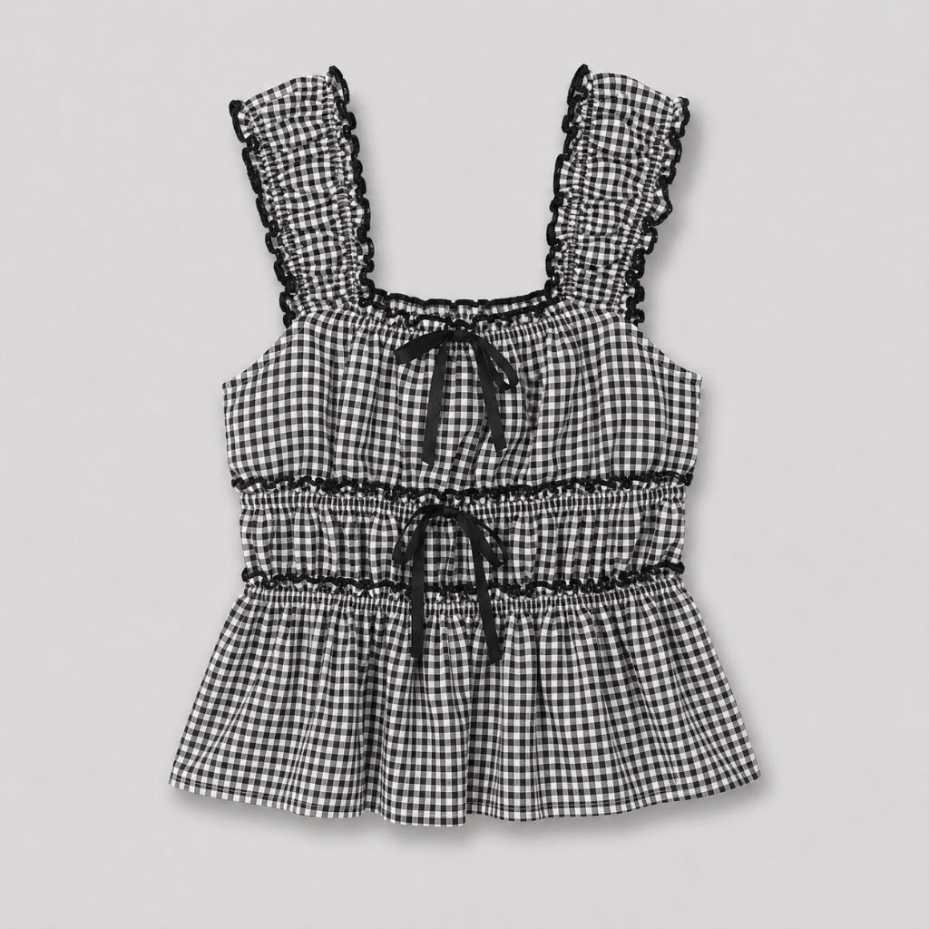 YFS Women Gingham Ruffle Sleeveless Top