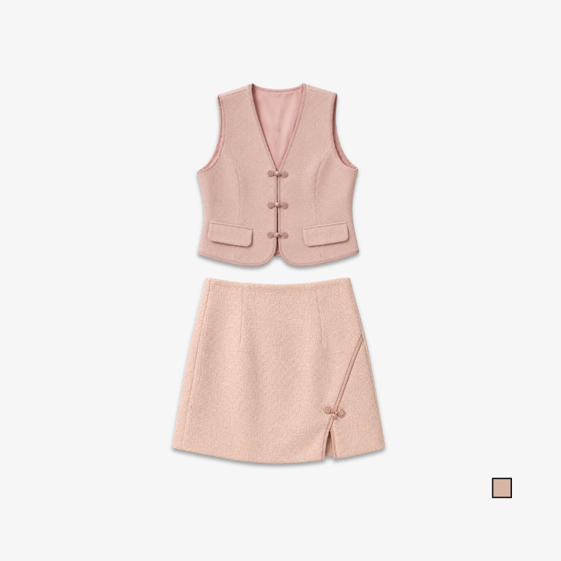 COLEGACY Women Textured Chinese Knot Vest & Skirt Set