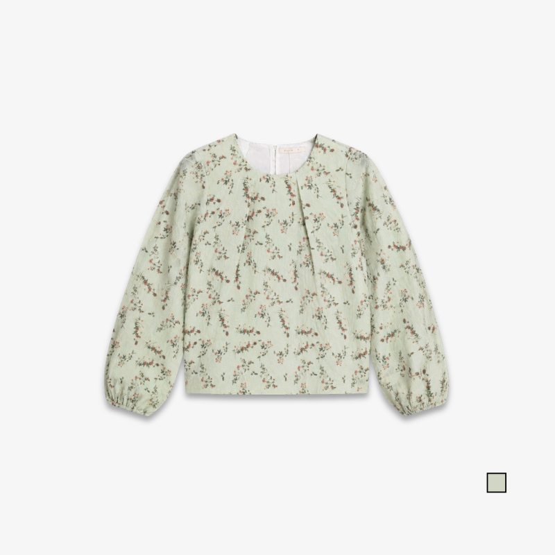 PISCO Women Green Floral Jacquard Puff Sleeve Blouse