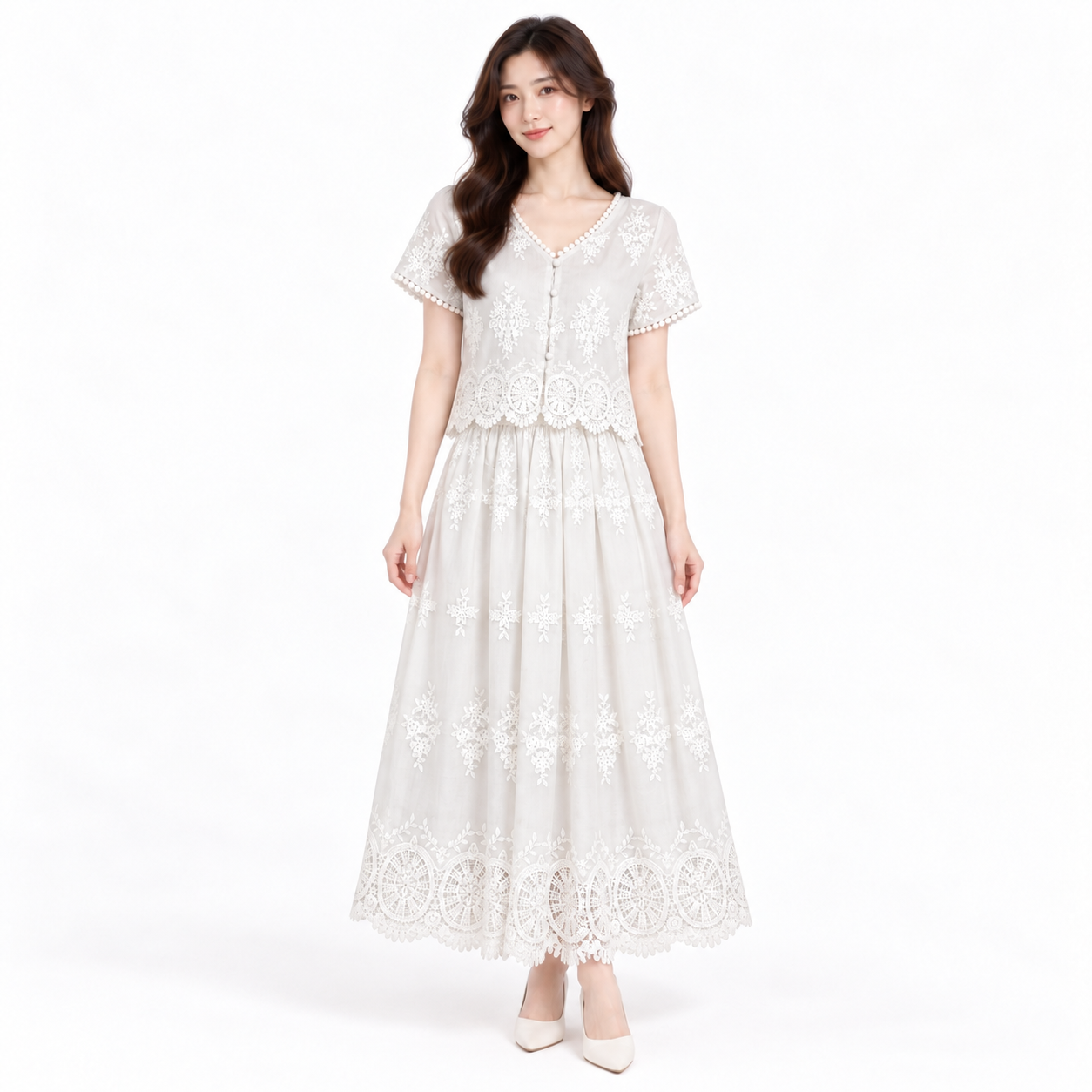 YFS Embroidered V-Neck Top & Maxi Skirt Set