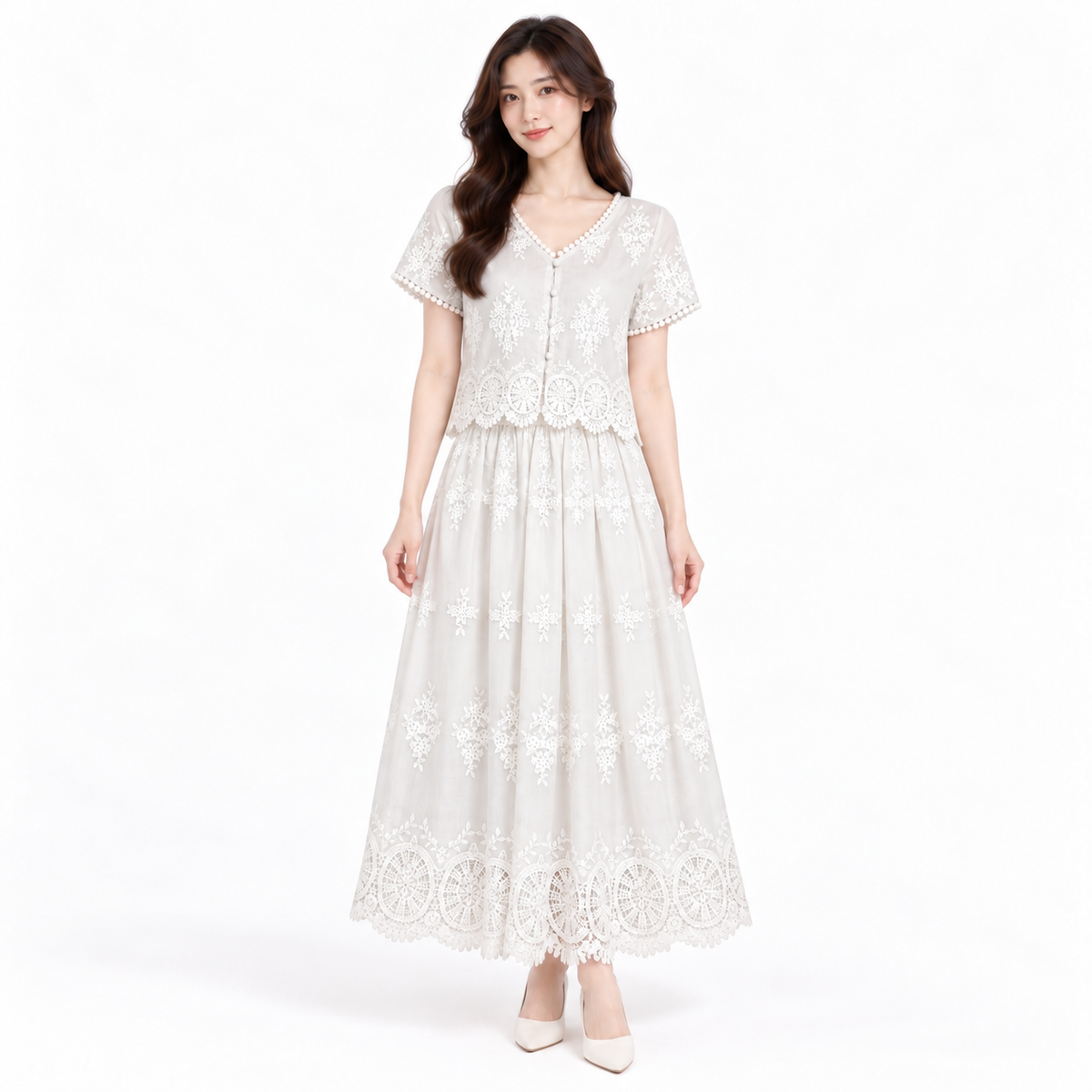 YFS Embroidered V-Neck Top & Maxi Skirt Set