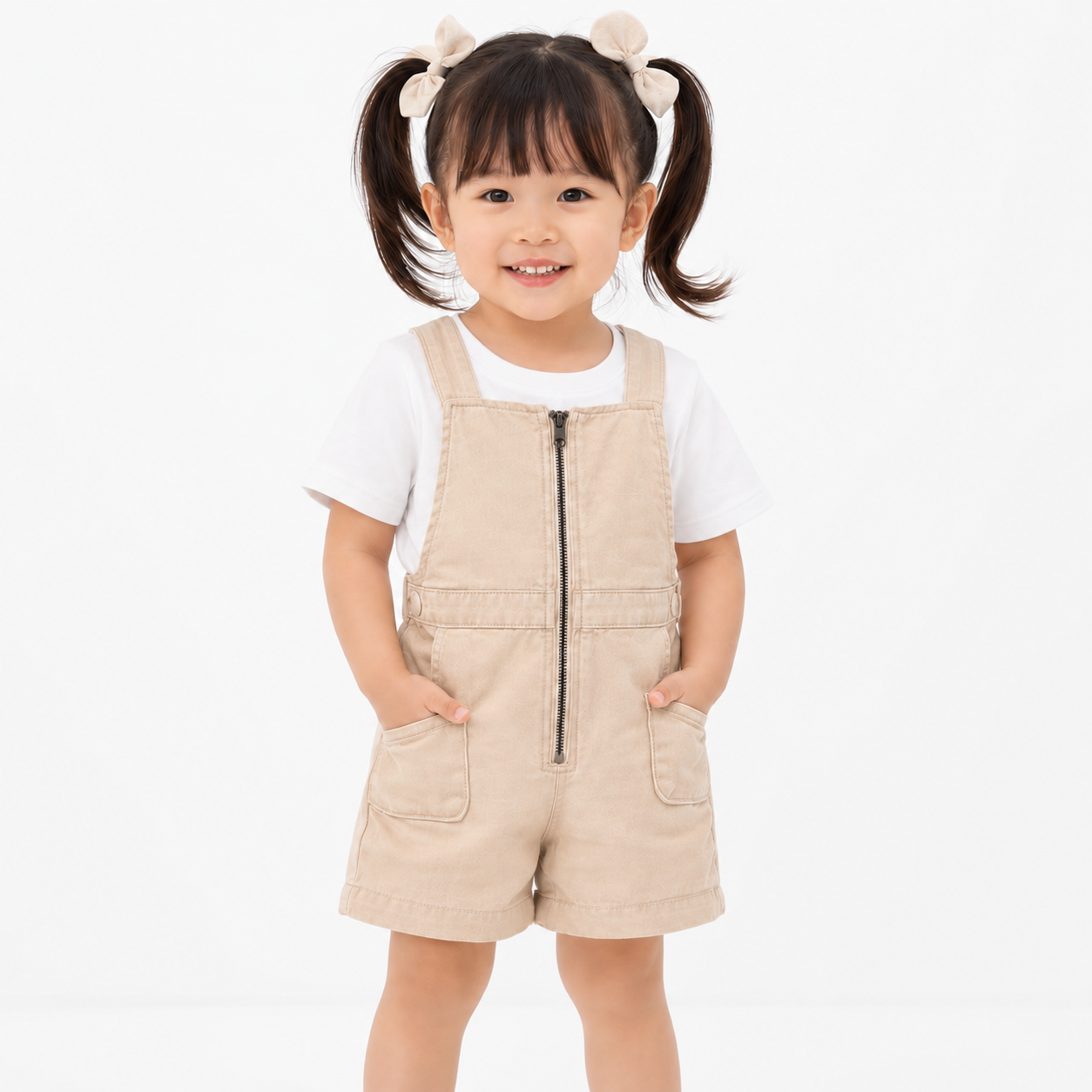 AD Kids Girls Cream Jumpsuit Shorts | Cute Suspender Romper Korean Style Summer Outfit