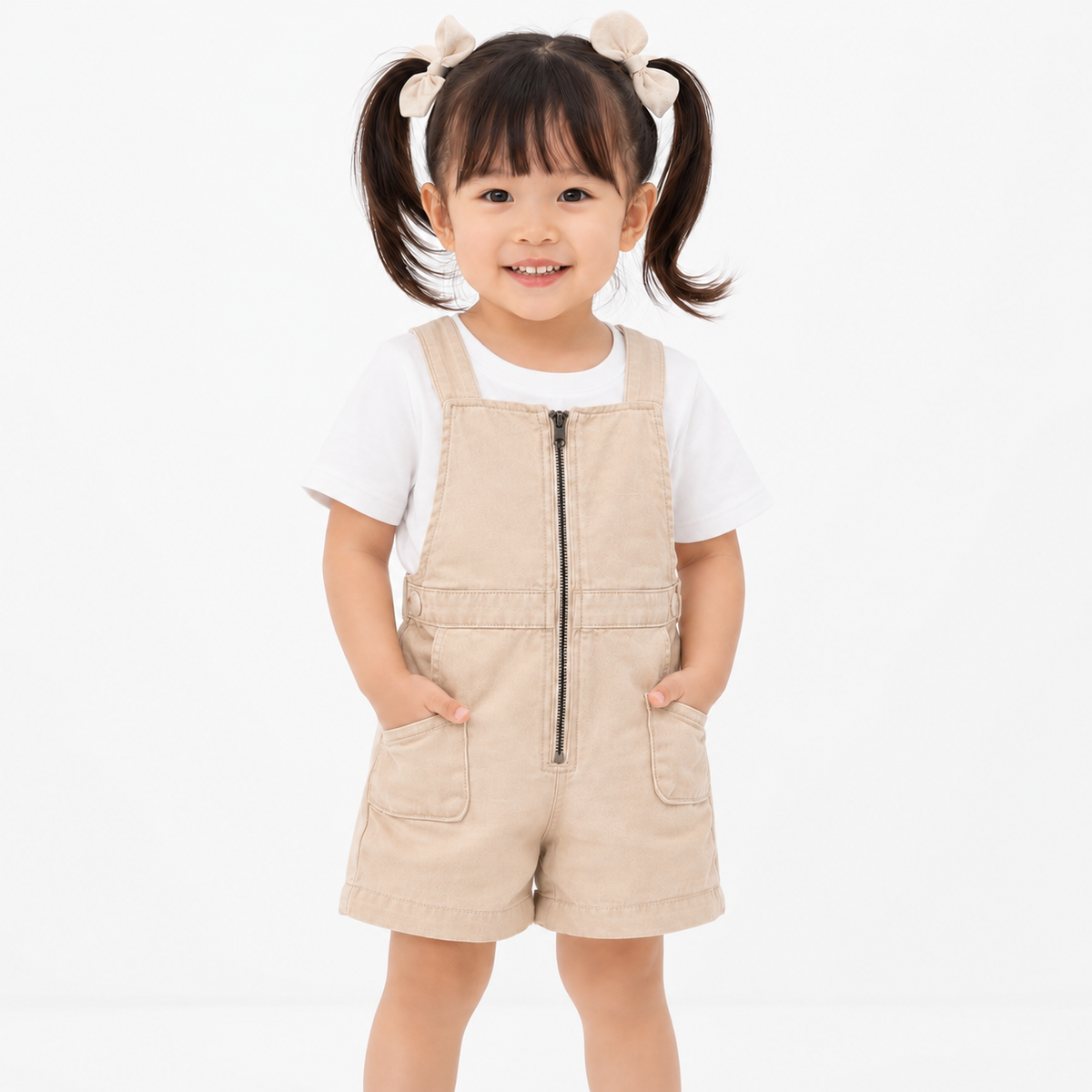 AD Kids Girls Cream Jumpsuit Shorts | Cute Suspender Romper Korean Style Summer Outfit
