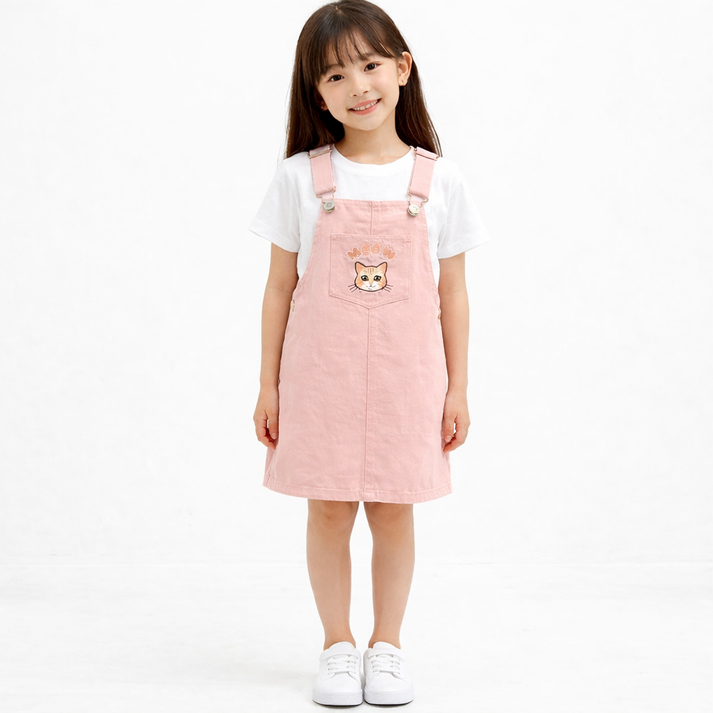 AD Kids Girls Meow Embroidery Pinafore Dress | Cute Korean Style Cotton Toddler Jumpsuits