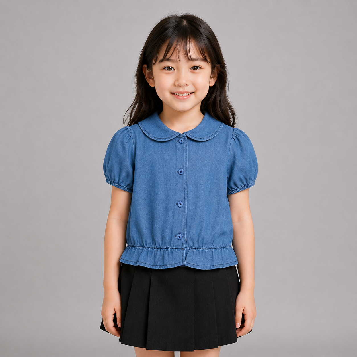 AD Kids Girls Denim Puff Sleeve Blouse