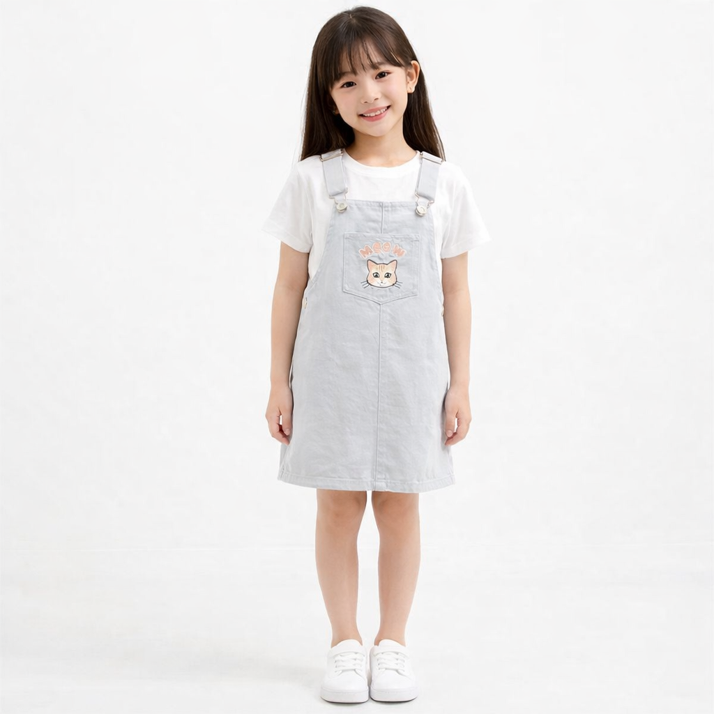 AD Kids Girls Meow Embroidery Pinafore Dress | Cute Korean Style Cotton Toddler Jumpsuits