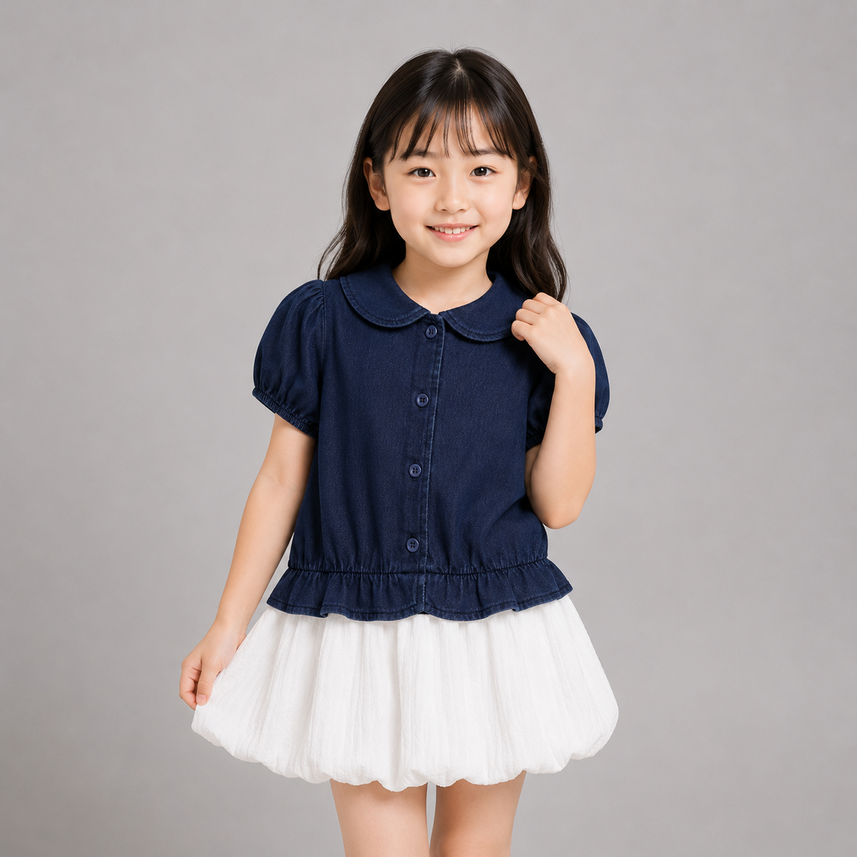 AD Kids Girls Denim Puff Sleeve Blouse