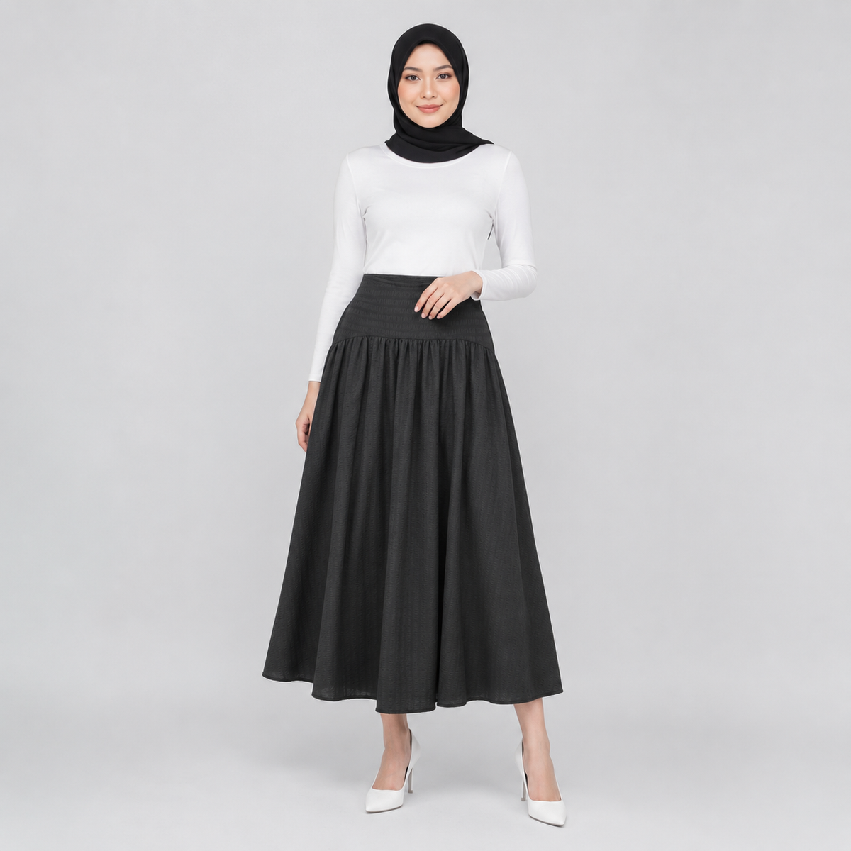 PISCO Women Smocked Waist Flare Maxi Skirt