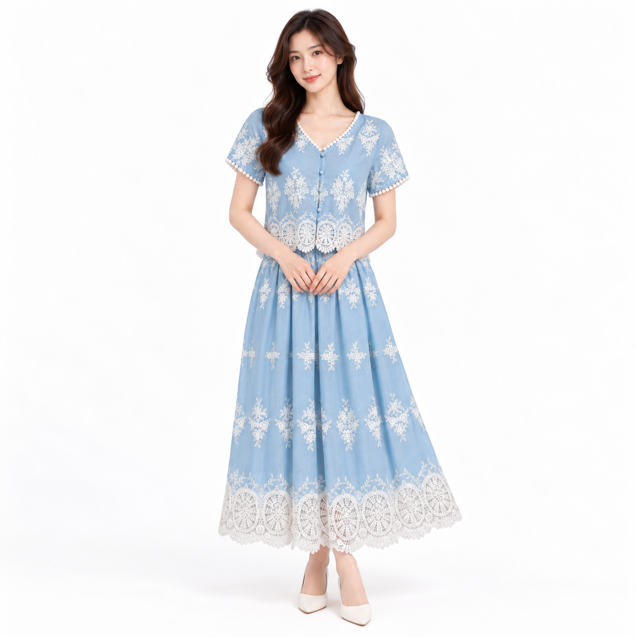 YFS Embroidered V-Neck Top & Maxi Skirt Set