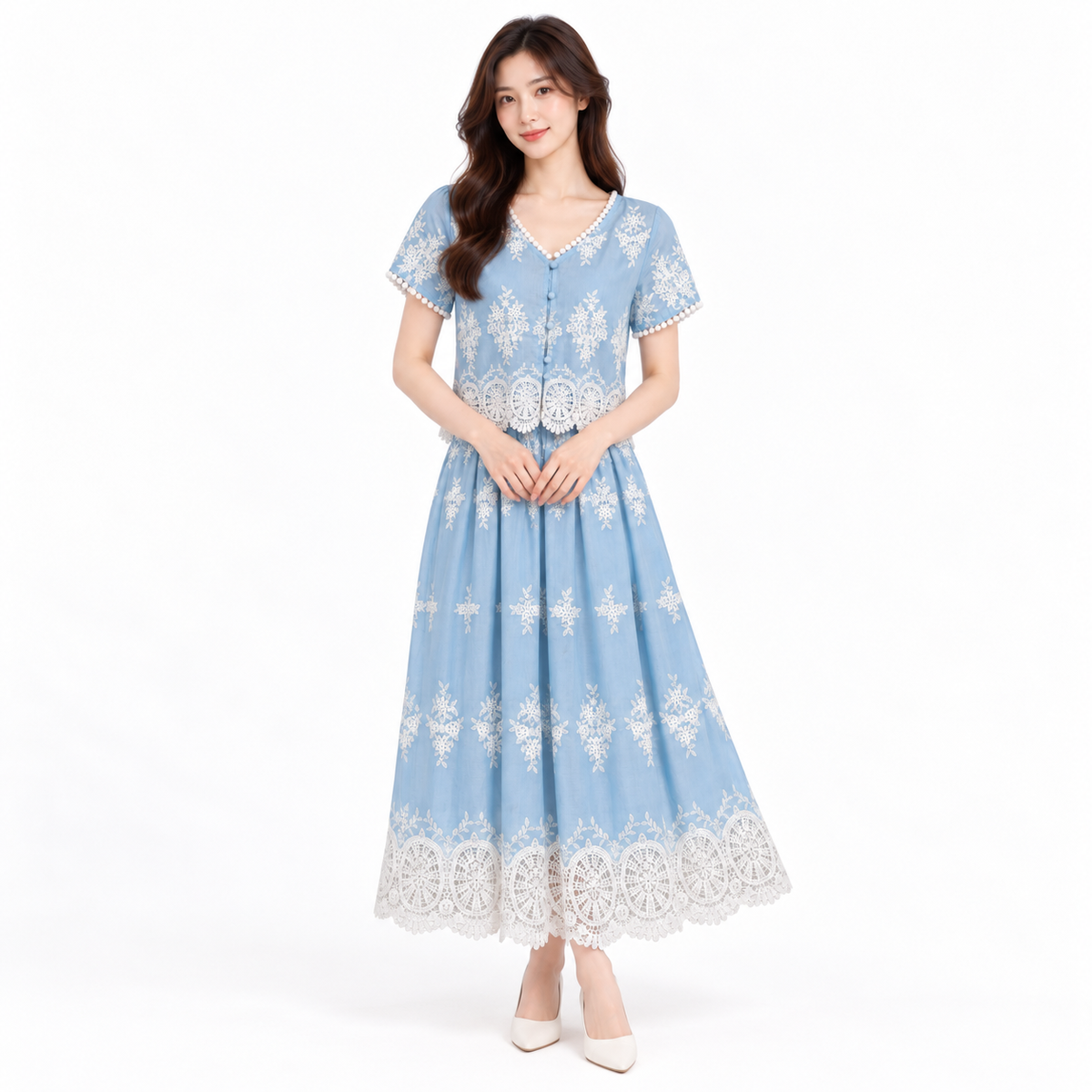 YFS Embroidered V-Neck Top & Maxi Skirt Set